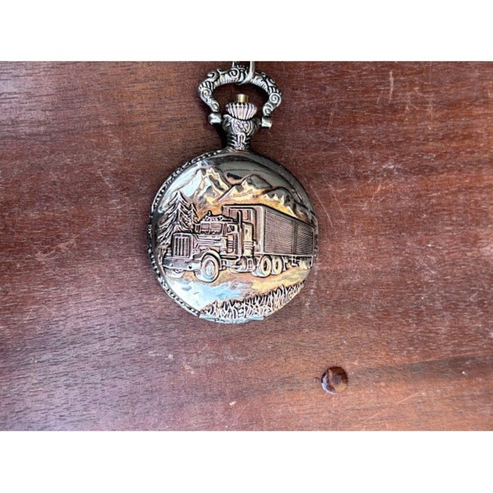 Details Quartz‎ Pocket Watch Semi Truck Tractor Trailer Gold Tone Chain
